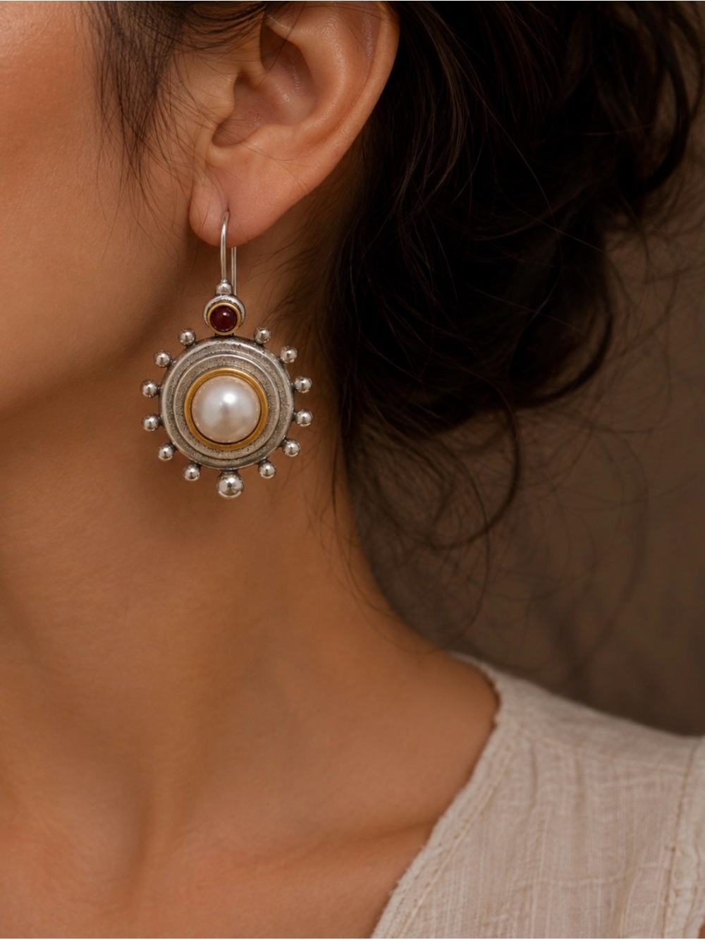 Vintage Baroque Pearl Drop Earrings Two-Tone Antique Silver Boho Statement